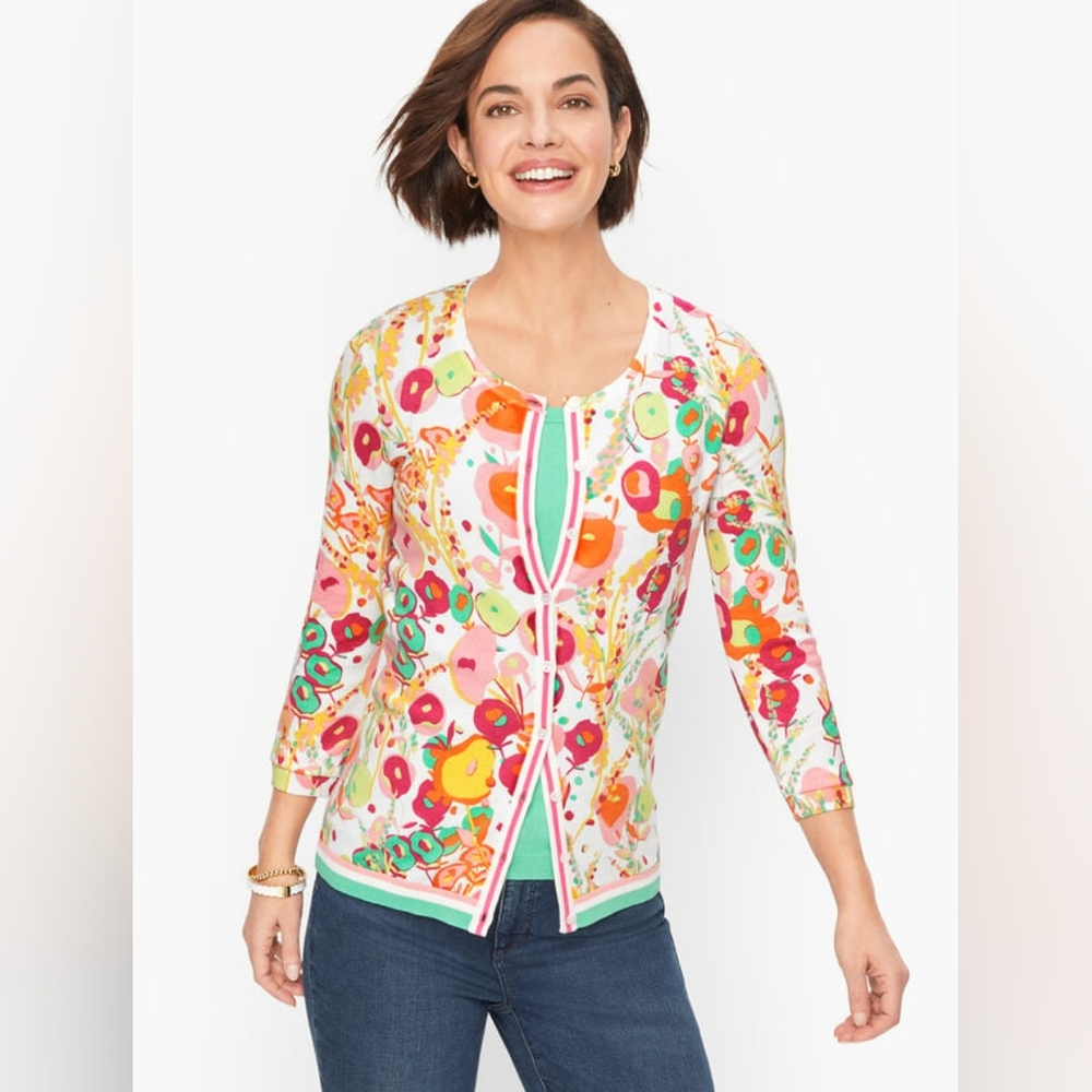 Talbots Colorful Floral Sweater M Floral Button Cardigan 3/4 Sleeve Office Boho